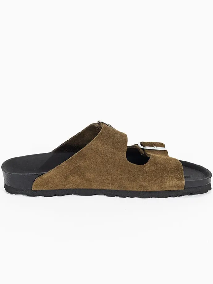 Leren slippers "Atlas" kaki/zwart