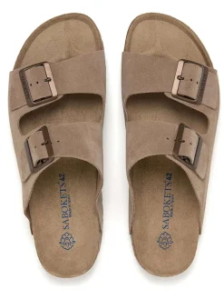 Leren slippers beige