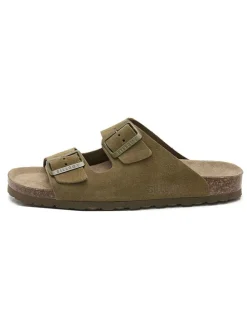 Leren slippers kaki