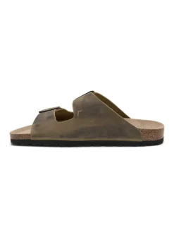 Leren slippers kaki