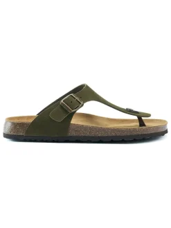 Leren teenslippers kaki