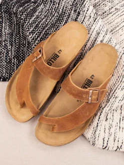 Leren teenslippers lichtbruin