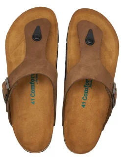 Leren teenslippers zandkleurig