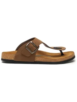 Leren teenslippers zandkleurig