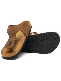 Leren teenslippers zandkleurig